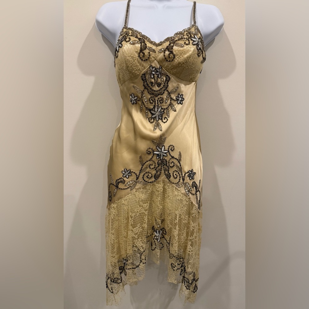 Sue Wong Gold Silk Dress with Black Accents